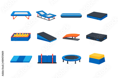 Collection of gymnastics and fitness equipment for training and exercise