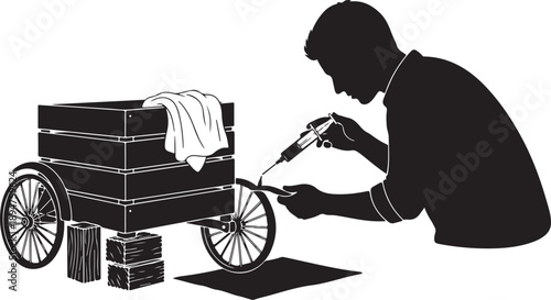 Man repairing luggage cart with tools and suitcases nearby