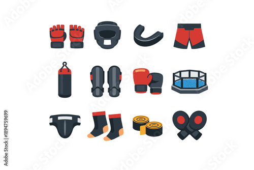 Collection of combat sports equipment icons including gloves, headgear, and mouthguard
