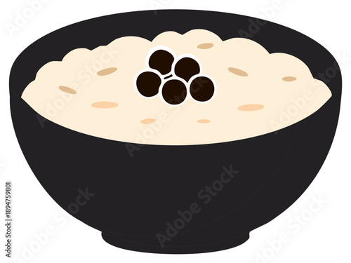 Black bowl of congee or rice porridge, garnished with black topping, vector illustration of food, bowlful of healthy eats