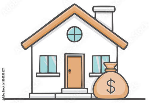 Cartoon style house illustration with bag full of money representing real estate investment and home finance in property market