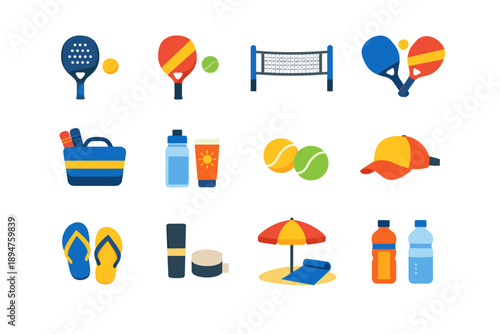 Collection of flat icons representing summer sports and beach activities