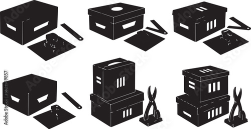 Black and white illustration of boxes and tools layout