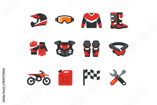 Motocross gear and accessories collection, including helmet, goggles, jersey, boots, and bike