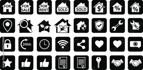 Real estate icon set with sale, rent, sold, security, services, location, smart home symbols, minimalist black vector design