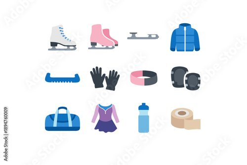 Collection of ice skating equipment and apparel for training and competition
