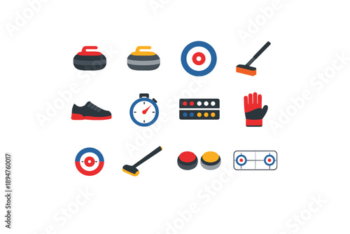 Collection of flat icons representing curling equipment and sport elements