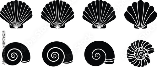 Black sea shell silhouettes collection including scallops and spiral snail shells, marine aquatic nature icons set isolated on white background, ocean life vector