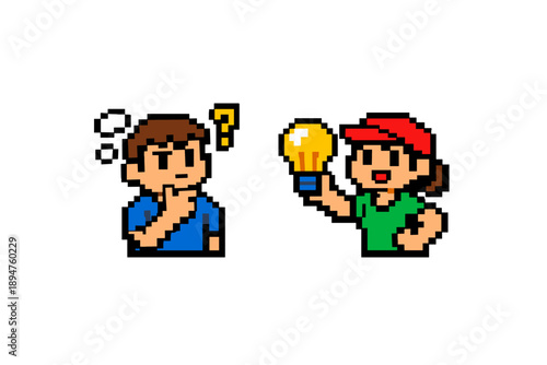 Pixel art illustration of a confused person with question marks facing a character holding a glowing lightbulb, symbolizing idea, solution, and problem solving