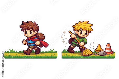 Pixel art game sprites of two cute fantasy boys on grassy platforms, one running with cloak and backpack, the other sweeping debris near a rock