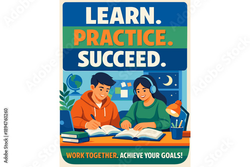 Motivational study poster showing two students learning together at a desk with books and laptops, featuring the slogan learn practice succeed