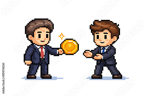 Pixel art businessmen exchanging a gold coin, illustrating payment, transaction, and business deal in retro 8-bit style on white background