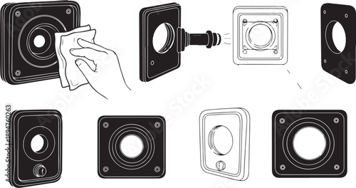 Various views of a square speaker with mounting options
