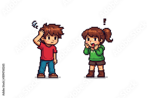 Pixel art cartoon boy scratching his head in confusion beside surprised girl with exclamation mark, retro video game character sprites on white background