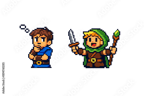 Pixel art fantasy adventurer characters, a thoughtful hero and a cheerful green-hooded ranger holding a dagger and a glowing staff on white background