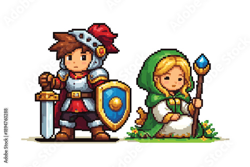 Pixel art fantasy duo featuring a young armored knight with sword and shield standing beside a hooded healer holding a staff on grassy ground