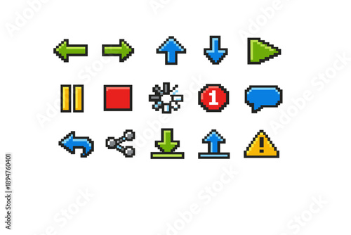 Pixelated user interface icon set featuring directional arrows, playback controls, notification badge, chat bubble, share symbol, and warning alert