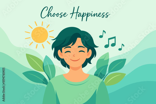 Smiling person choosing happiness with sun, music notes, and leafy nature background in a calming pastel motivational illustration