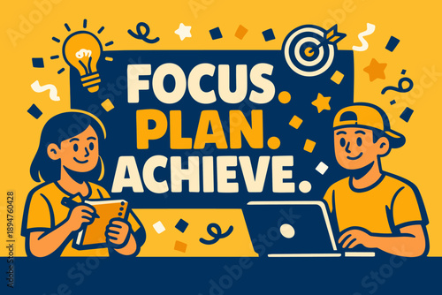 Illustration of two students planning with laptop and notebook, surrounded by target and idea icons, motivational message focus plan achieve
