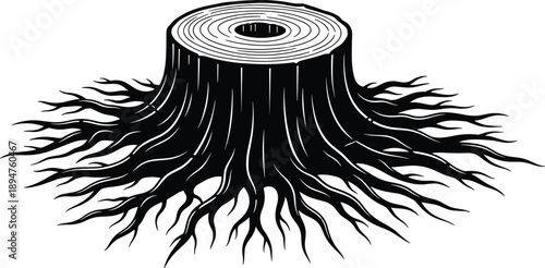 Black tree stump with detailed spreading roots and growth rings silhouette, wood trunk icon isolated on white background, logging and deforestation concept