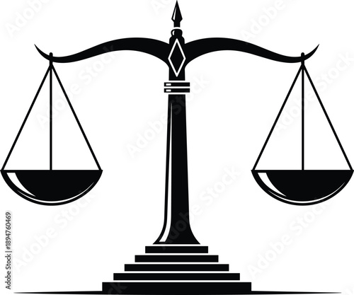 Black silhouette of law scales of justice on white background, symbol for legal system, court, judgment, equality, and civil rights vector