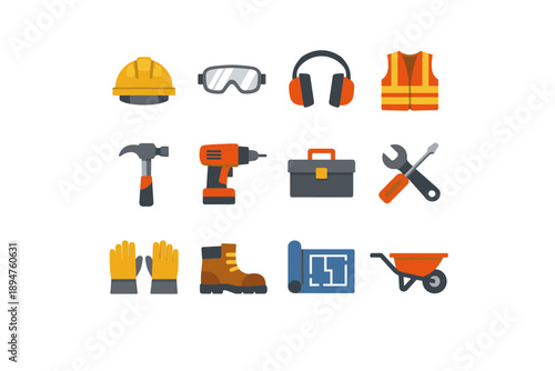 Collection of construction and safety equipment icons for building and renovation projects