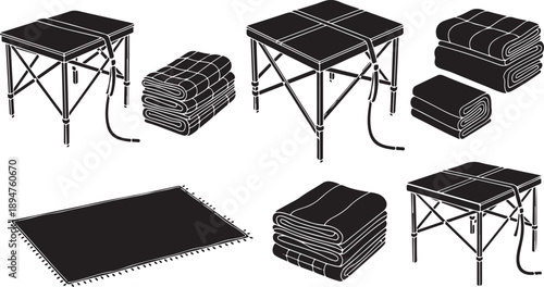 Collapsible folding tables and stacked mats in various configurations