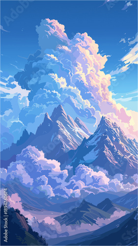 Massive, towering white cumulus clouds dominate the bright blue sky, rising above rugged mountain peaks. In the foreground, golden wheat fields or dry grasslands stretch towards the horizon