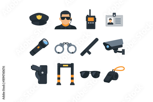 Collection of security and law enforcement icons including a guard, handcuffs, and surveillance camera