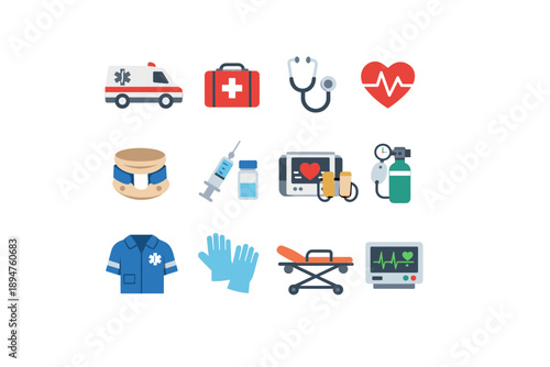 Collection of medical and emergency service icons for healthcare and rescue themes