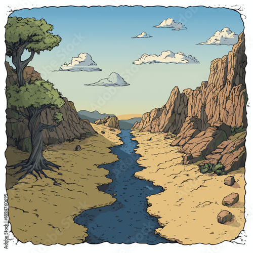 a rugged canyon landscape in a comic book or graphic novel style. A blue river winds through the center, separating a rocky cliff with a large gnarled tree on the left from steep arid mountains