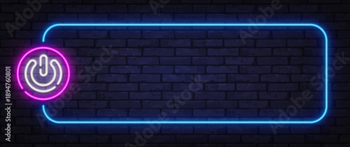 Neon power button icon with blue glowing frame on dark wall. Modern tech style represents start, control, or system activation.