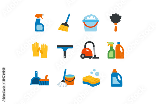 Collection of colorful cleaning supplies and tools for household chores