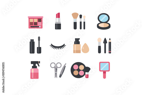 Collection of flat design icons representing various makeup and beauty products
