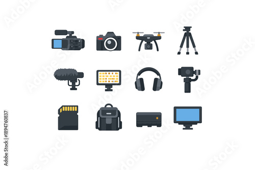 Collection of video production equipment icons for content creation and filmmaking