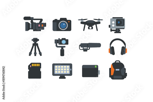 Collection of modern video and audio recording equipment icons on a white background