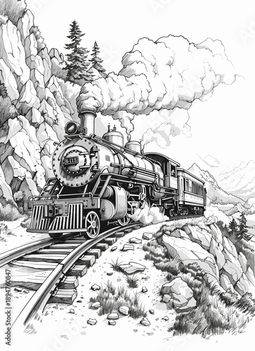 Black and white ink drawing illustration of a classic steam locomotive chugging through a rugged mountain pass. The vintage train emits thick clouds of smoke as it travels along the tracks