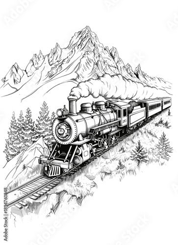 Black and white ink drawing illustration of a classic steam locomotive chugging through a rugged mountain pass. The vintage train emits thick clouds of smoke as it travels along the tracks