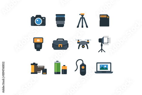 Collection of photography equipment icons for digital and analog cameras
