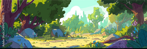 a sunny forest clearing. The scene features large trees with thick trunks and green foliage framing a grassy path scattered with grey rocks and small blue flowers. The background shows a bright sky