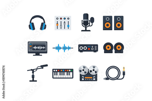 Collection of music production and audio equipment icons on a white background