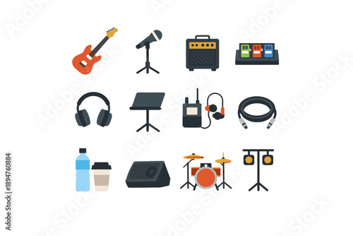Collection of musical instruments and audio equipment icons for performance and recording