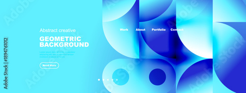 Abstract blue geometric background. Website header design with navigation elements, text, button. Modern style, vibrant colors.