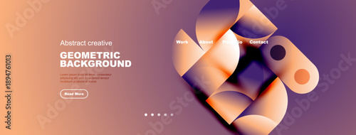 Abstract geometric background design. Orange, purple hues create modern website header or banner. Simple navigation visible.
