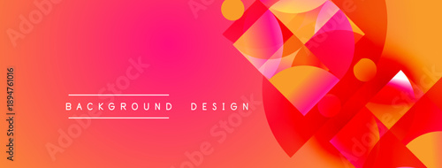 Vibrant gradient background features abstract shapes, circles, curves. Modern design with warm color palette, red, orange, pink hues.