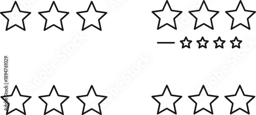 Five star rating icon set, customer feedback review symbols, quality service evaluation ranking, black outline stars for satisfaction level on white background
