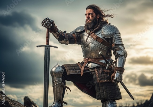 Medieval Knight in Armor Holding a Sword, heroic medieval knight in full armor poses confidently with a large sword against a dramatic cloudy sky. His determined expression and rugged look evoke stren