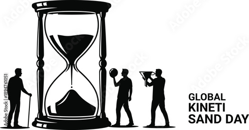 Global Kinetic Sand Day celebration with large hourglass silhouette and men performing various activities, creative time concept for holiday banner or poster