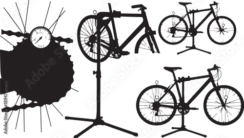 Bicycle Silhouettes on Stands with Clock and Abstract Design