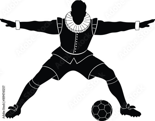 Medieval goalkeeper silhouette in historical costume playing soccer, creative sports character with ruff collar and football on white background, unique theater mashup